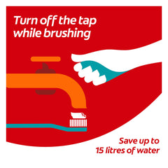 Colgate portable toothbrush and toothpaste set eco graphic showing hand turning off tap while brushing to save water