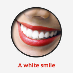 Close up of bright white smile with red lipstick advertising Colgate portable toothbrush and toothpaste set for travel whitening