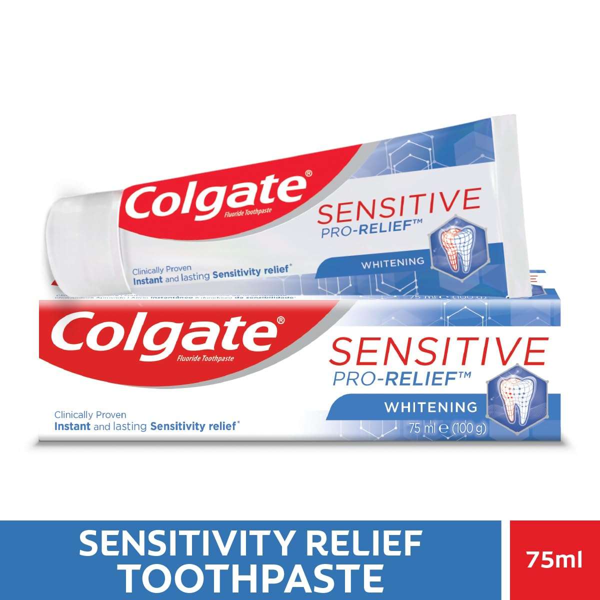 Colgate Sensitive Pro Relief Whitening Toothpaste tube and box showing Colgate logo instant sensitivity relief and whitening 75ml