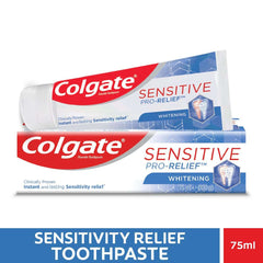 Colgate Sensitive Pro Relief Whitening Toothpaste tube and box showing Colgate logo instant sensitivity relief and whitening 75ml