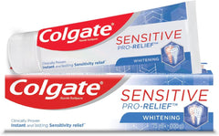 Colgate Sensitive Pro Relief Whitening Toothpaste tube and box packaging showing whitening formula for sensitive teeth