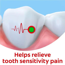 Tooth sensitivity relief toothpaste graphic with tooth and pain pulse, close view
