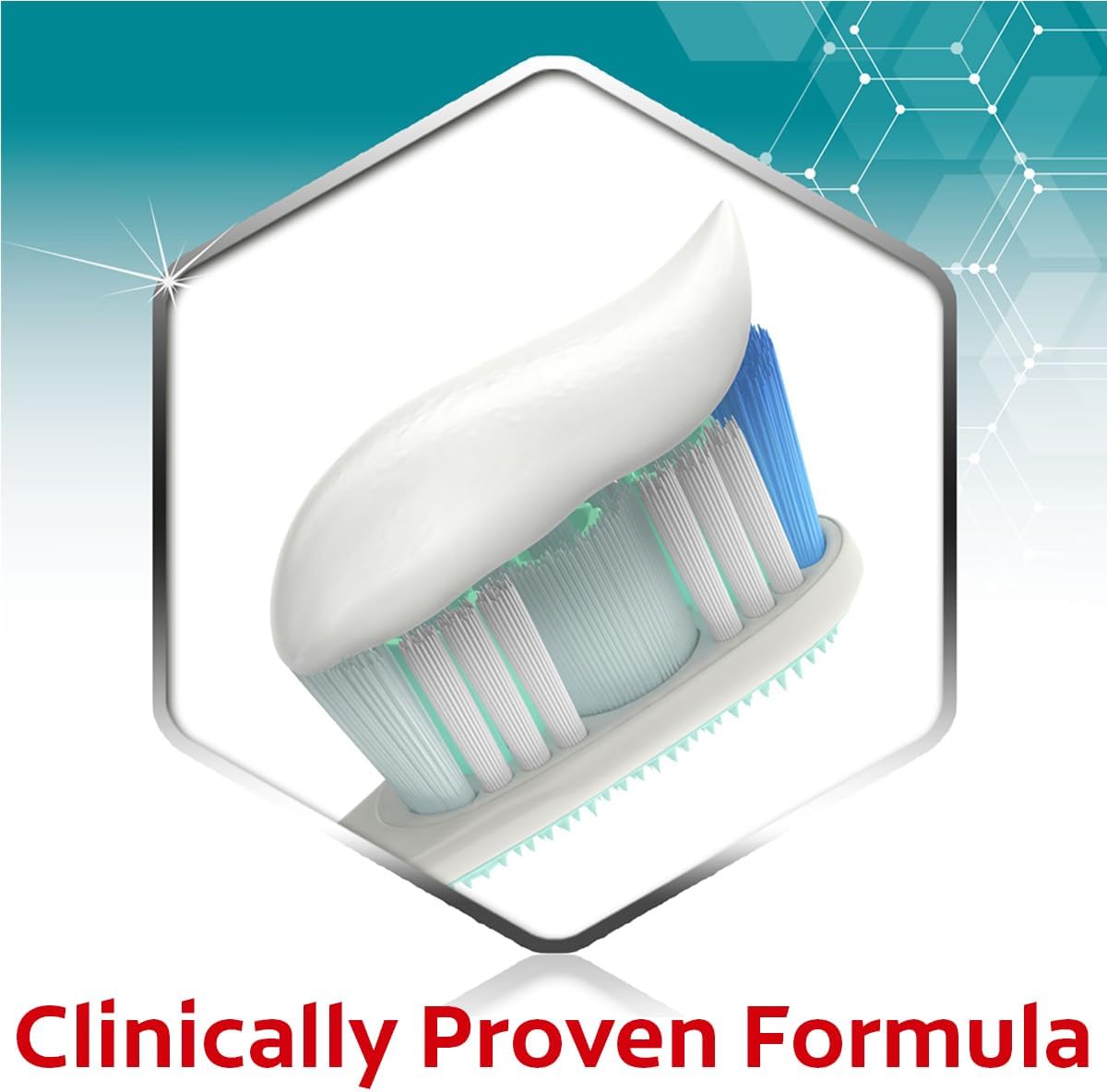 Toothpaste dollop on toothbrush with Clinically Proven Formula label Colgate Sensitive Pro Relief Whitening Toothpaste