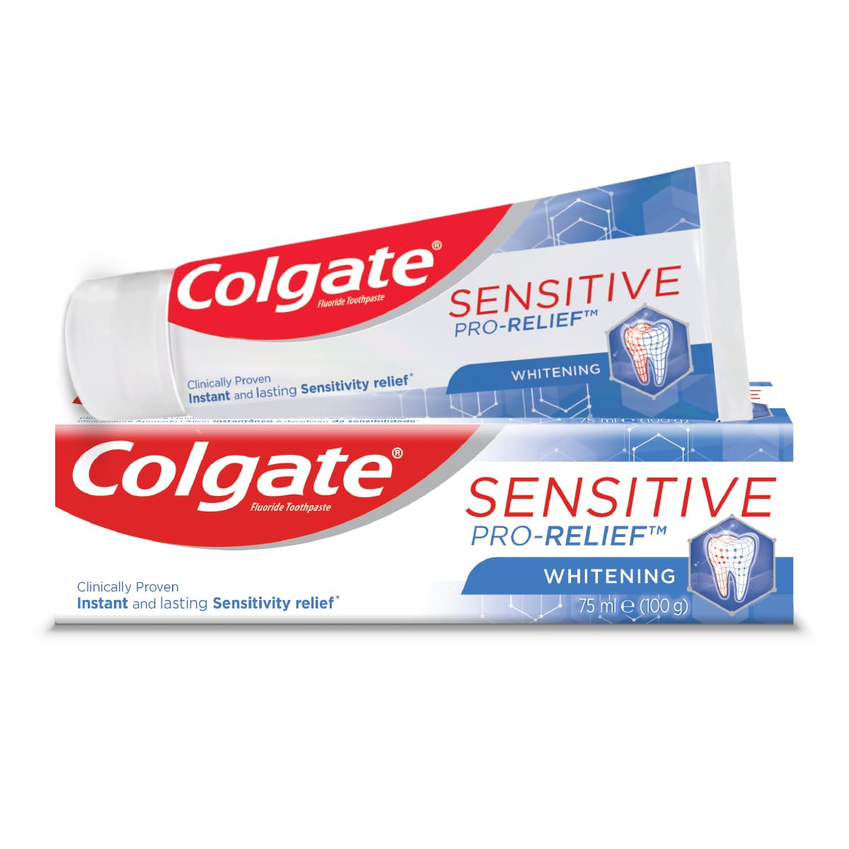 Colgate Sensitive Pro Relief Whitening Toothpaste tube and box with whitening formula and sensitivity relief packaging