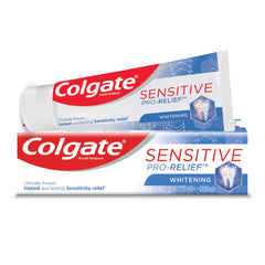 Colgate Sensitive Pro Relief Whitening Toothpaste tube and box with whitening formula and sensitivity relief packaging