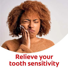 Tooth sensitivity relief toothpaste promo featuring a woman touching her cheek