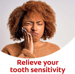 Woman holding jaw in pain beside text Relieve your tooth sensitivity promoting Colgate Sensitive Pro Relief Whitening Toothpaste