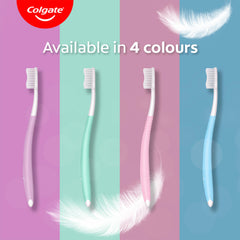 Colgate sensitive toothbrush pack showing four soft bristle toothbrushes in pastel purple mint pink and blue with feather symbols