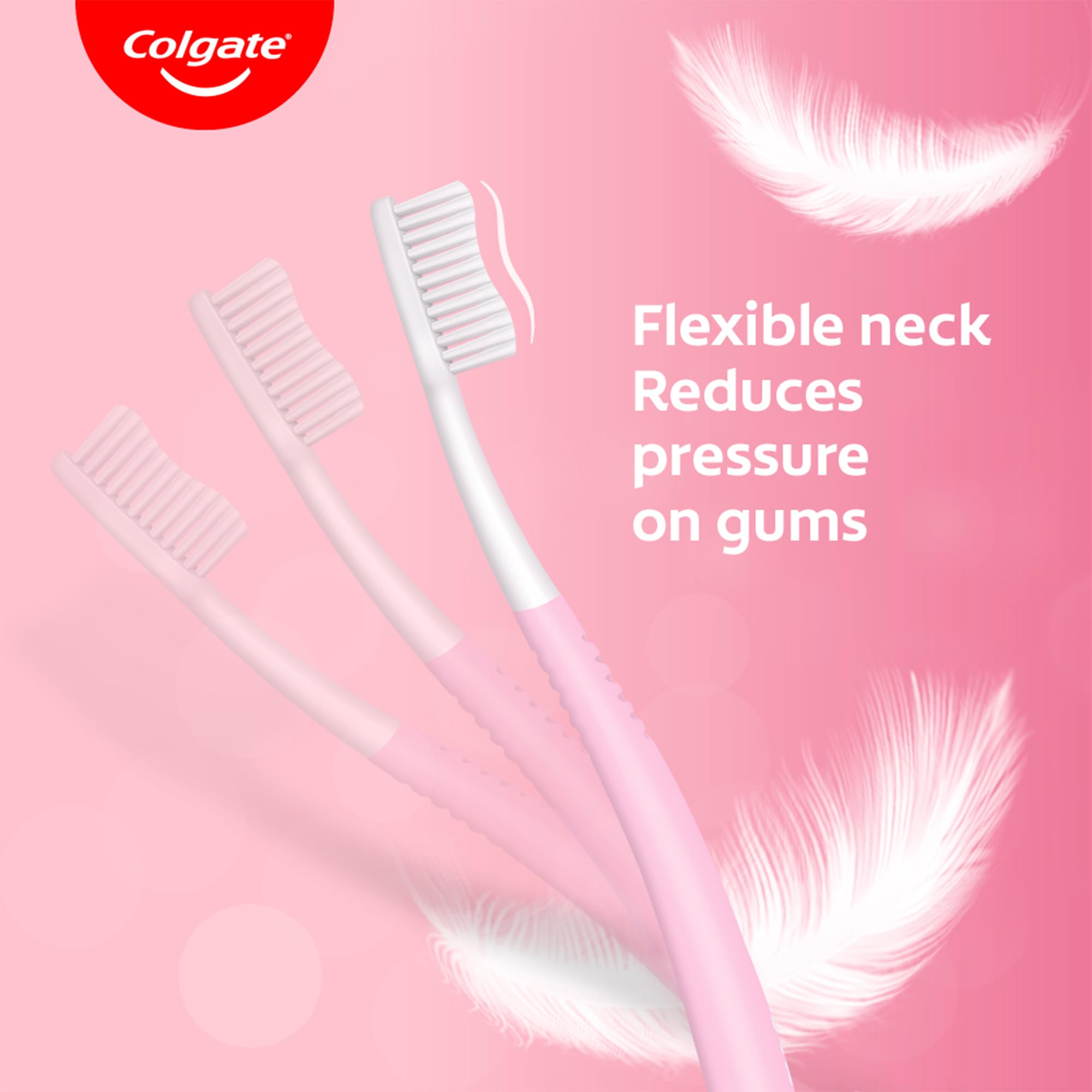 Colgate sensitive toothbrush pack showing three pink toothbrushes with flexible neck and feather graphics for gentle gum care