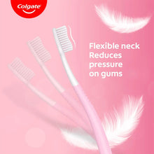 Colgate ultra-soft toothbrushes with flexible neck, pink-handled brushes