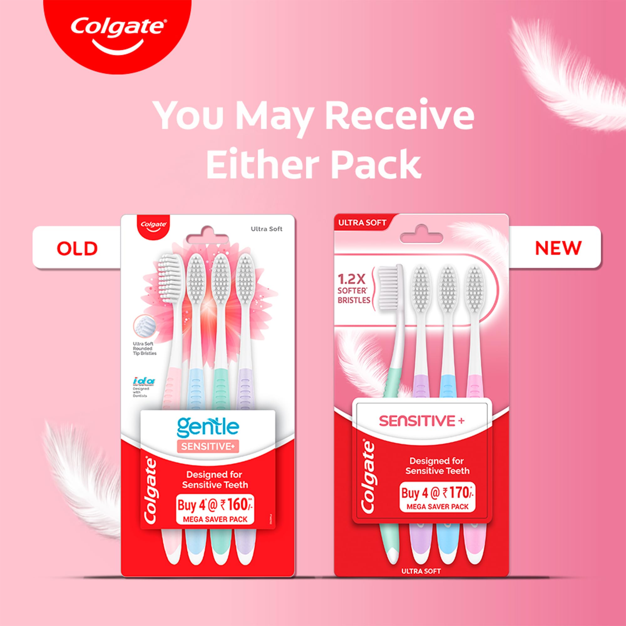Colgate sensitive toothbrush pack options showing old and new four pack ultra soft brushes on pink background