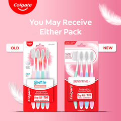 Colgate sensitive toothbrush pack options showing old and new four pack ultra soft brushes on pink background