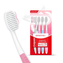 Colgate sensitive toothbrush with pink handle and white ultra-soft bristles