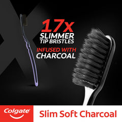 Colgate Slim Soft Charcoal toothbrush pack showing black charcoal infused slim bristles and 17x slimmer tip claim