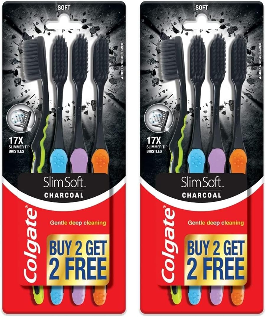 Colgate Slim Soft Charcoal toothbrush pack two retail blister packs with black soft bristles and colorful handles