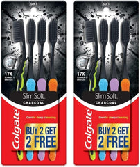 Colgate Slim Soft Charcoal toothbrush pack two retail blister packs with black soft bristles and colorful handles