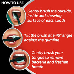 Colgate Slim Soft Charcoal toothbrush pack showing three how to use steps brushing teeth at a 45 degree angle and cleaning tongue