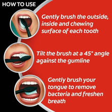 Dark toothbrush brushing guidance showing bristles near teeth and gumline