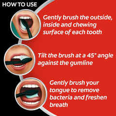3-step brushing guide showing angled gumline and tongue cleaning Colgate Slim Soft Charcoal toothbrush pack