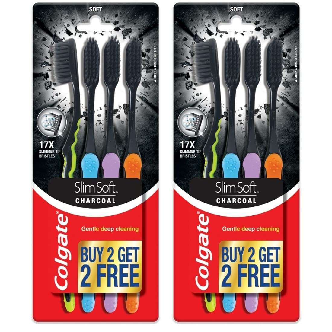 Two Colgate Slim Soft Charcoal toothbrush pack blisters with four black bristle brushes colored handles and buy 2 get 2 free