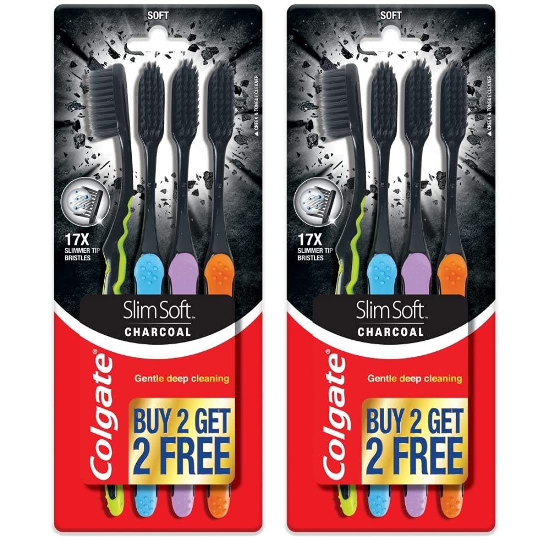 Two Colgate Slim Soft Charcoal toothbrush pack blisters with four black bristle brushes colored handles and buy 2 get 2 free