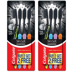 Two Colgate Slim Soft Charcoal toothbrush pack blisters with four black bristle brushes colored handles and buy 2 get 2 free