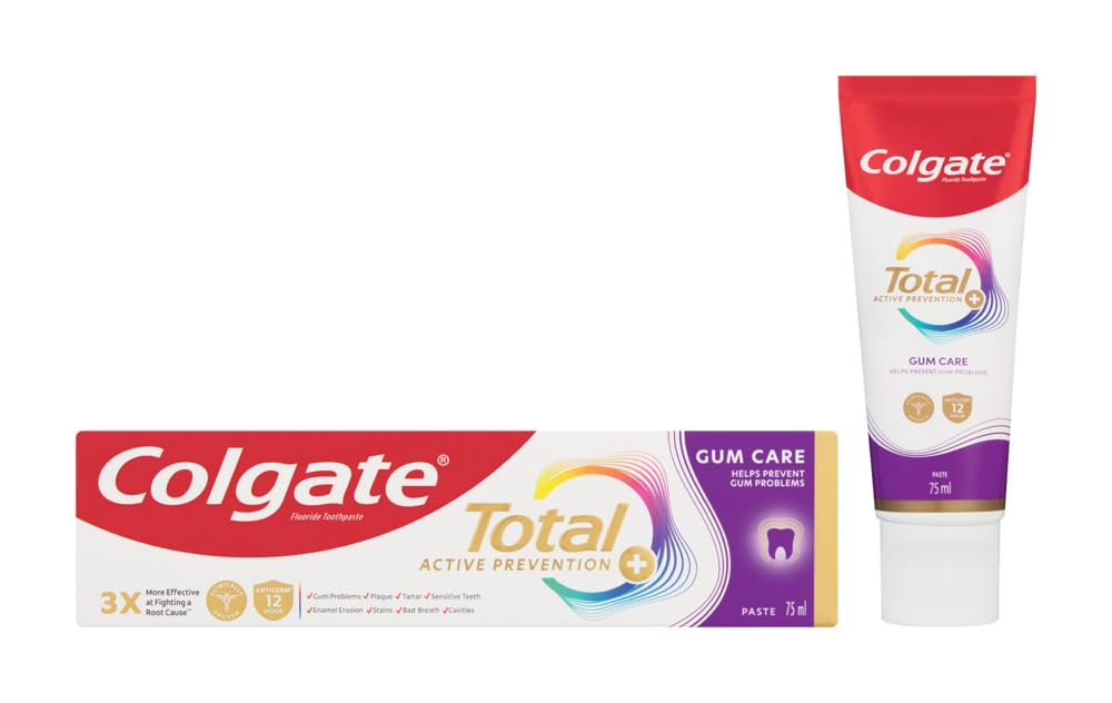 Colgate Total Active Prevention toothpaste Gum Care 75ml tube and box showing branding and benefits