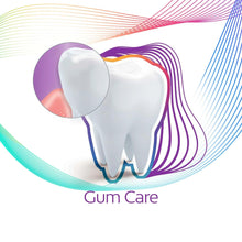 Tooth with Gum Care graphic lines and purple accents