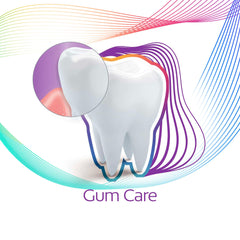Colgate Total Active Prevention toothpaste illustration showing healthy tooth and magnified gum area for gum care