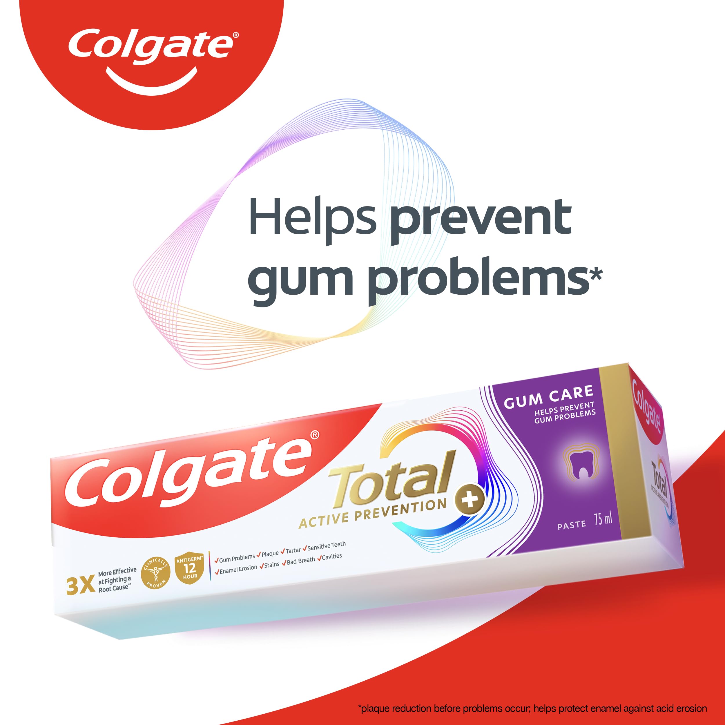 Box of Colgate Total Active Prevention toothpaste Gum Care 75 ml showing helps prevent gum problems label
