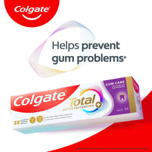 Colgate Total Active Prevention toothpaste box and tube, Gum Care, red and purple