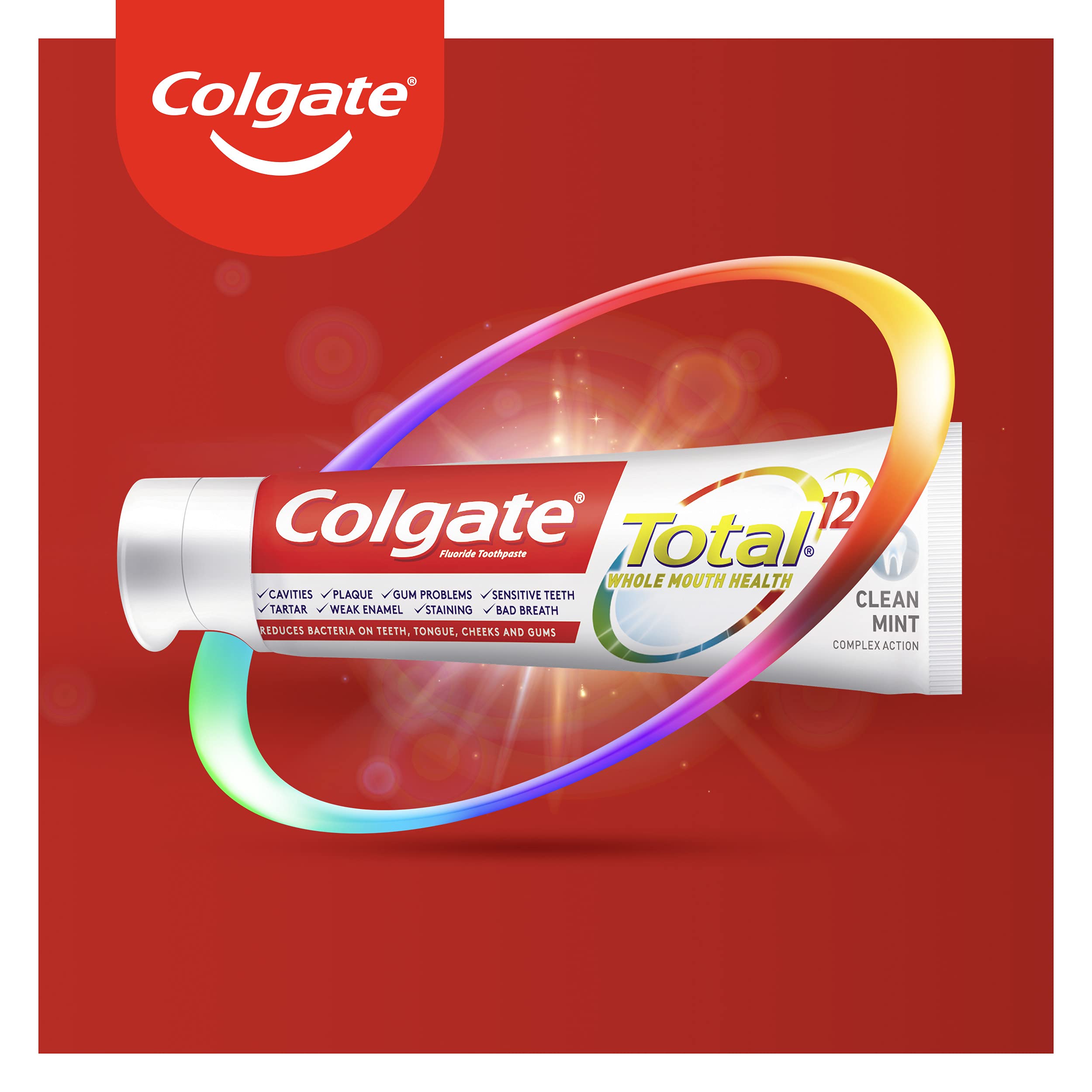 Colgate Total Clean Mint Toothpaste tube on red background with Total12 logo and colorful swirl