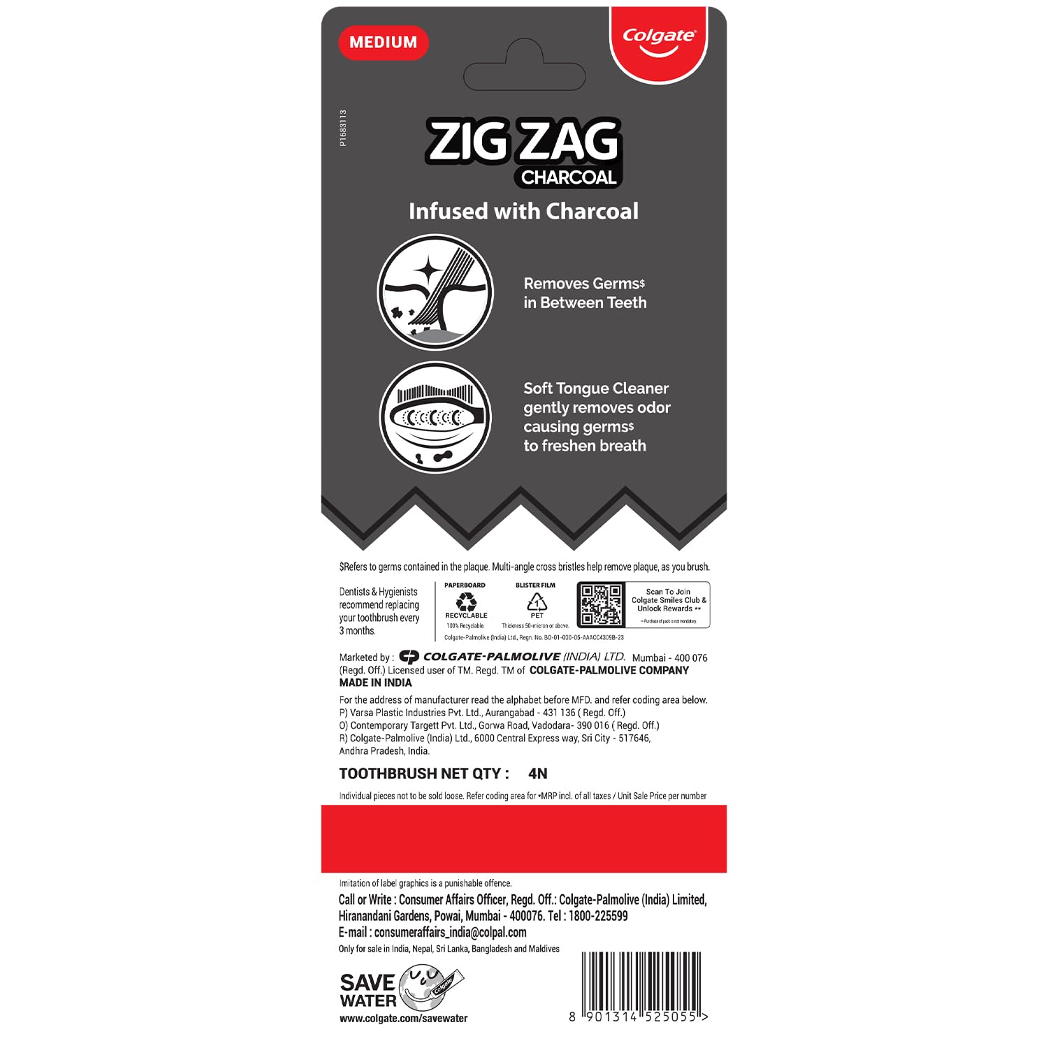 Colgate ZigZag charcoal toothbrush UAE packaging back showing features icons medium bristle label and barcode
