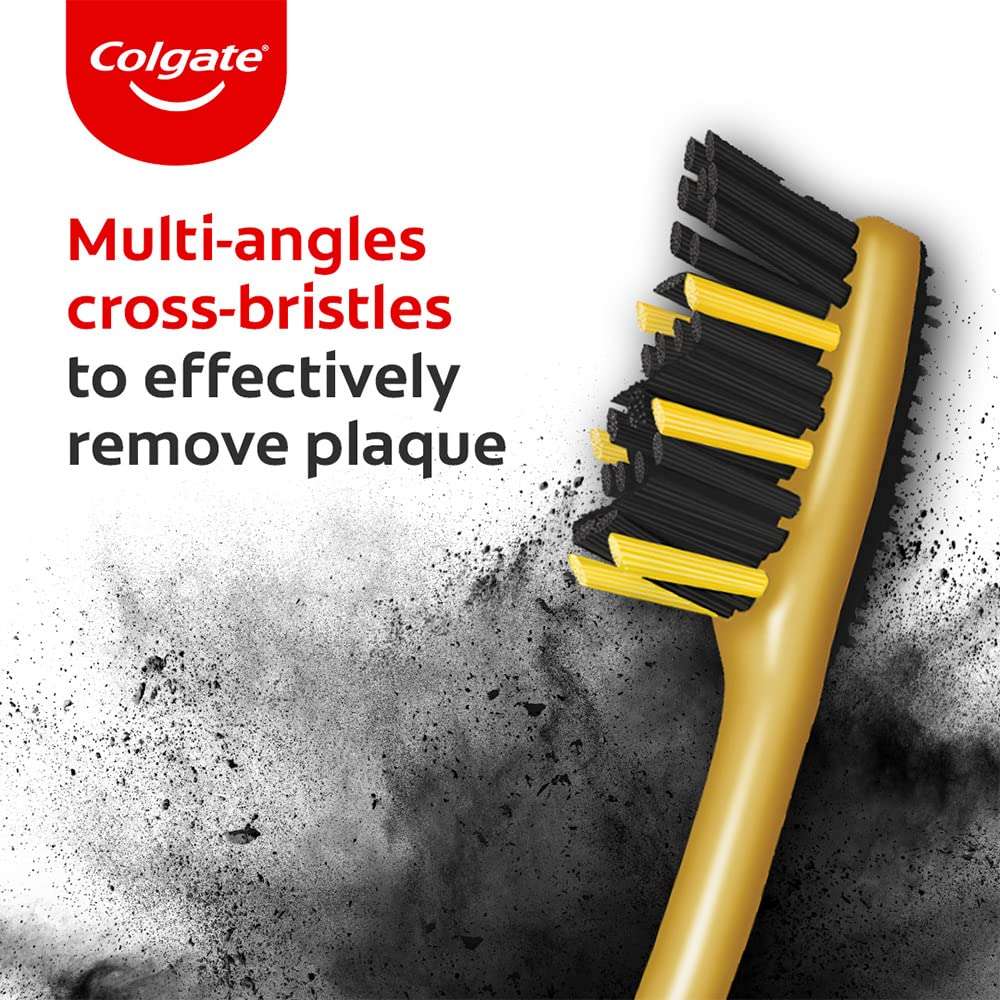 Colgate ZigZag charcoal toothbrush UAE with black zigzag charcoal bristles and yellow handle for plaque removal