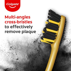 Colgate ZigZag charcoal toothbrush UAE with black zigzag charcoal bristles and yellow handle for plaque removal