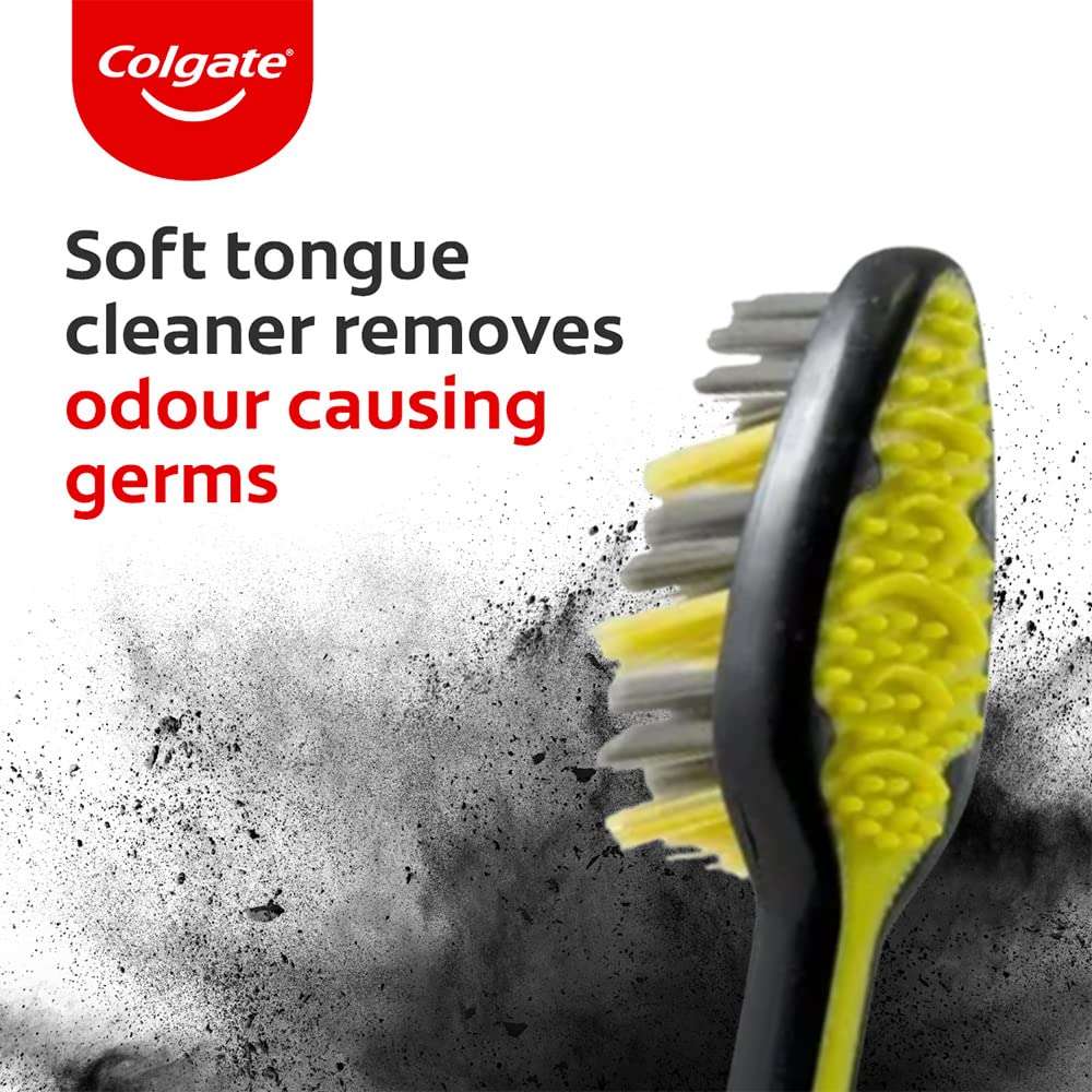 Colgate ZigZag charcoal toothbrush UAE black handle with yellow soft tongue cleaner and charcoal bristles for odor removal