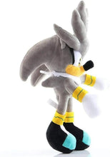 Gray Sonic-style plush in side view with yellow collar and blue-tipped feet
