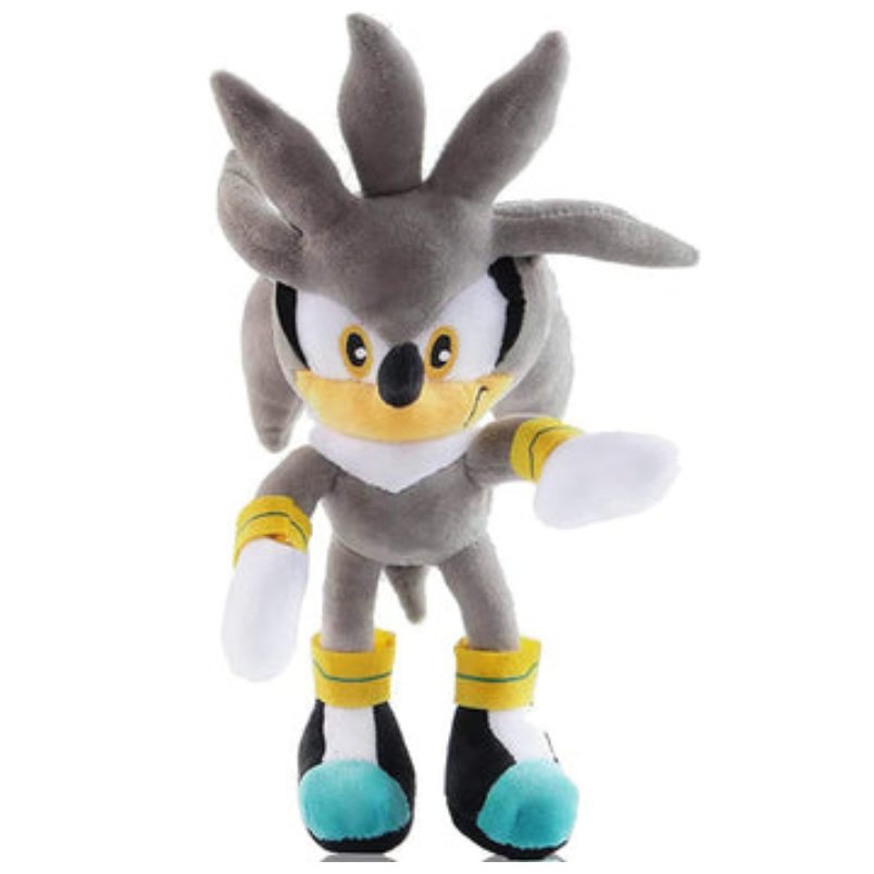 Gray and white collectible sonic plush toy with yellow and black accents and teal shoes