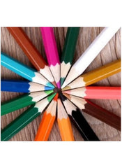 Huitich wooden colored pencils for drawing and coloring arranged in a circular pattern on a wooden surface