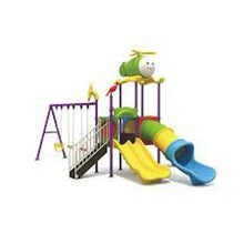 Children's playground playset with green frame, twin slides, and hanging swing seat