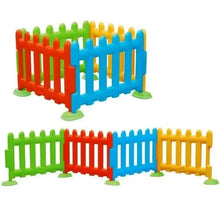 Colorful plastic play area fence panels with rounded top rails and corner posts