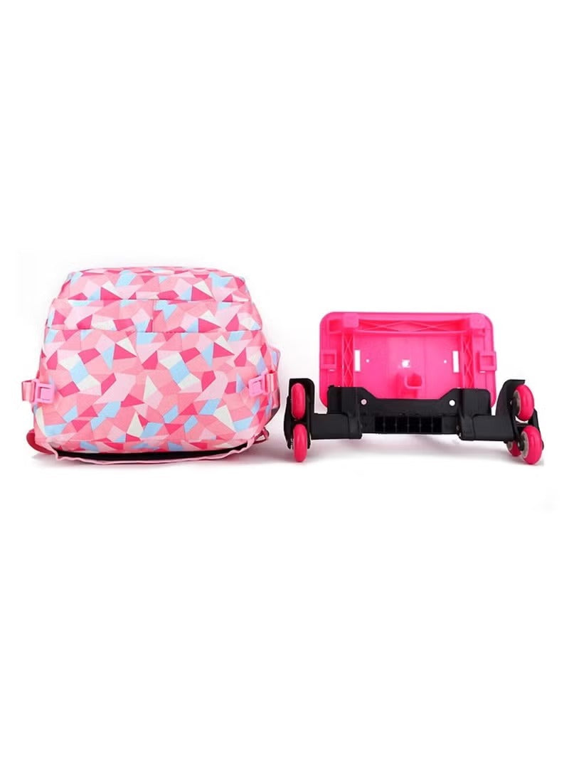 Colorful geometric school bag with wheels displayed alongside its detachable wheeled base