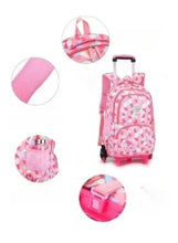 Pink geometric rolling school backpack with fabric texture and handle details