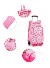 Colorful geometric school bag with wheels featuring spacious compartments and a pull handle for easy transport