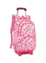 Rolling school backpack with geometric pink pattern, front pocket, and upright handle