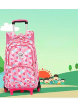 Rolling school backpack with pink geometric design and wheeled base