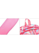 Pink geometric rolling school backpack: woven fabric panel and top carrying handle