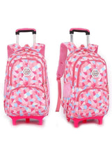 Pink geometric rolling school backpack, front and side views with wheels
