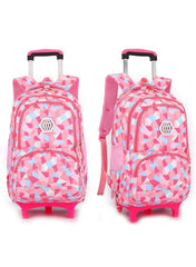 Colorful geometric school bag with wheels featuring a pink and blue design for students