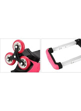 Rolling school backpack wheel assembly with red caster wheels and telescoping handle